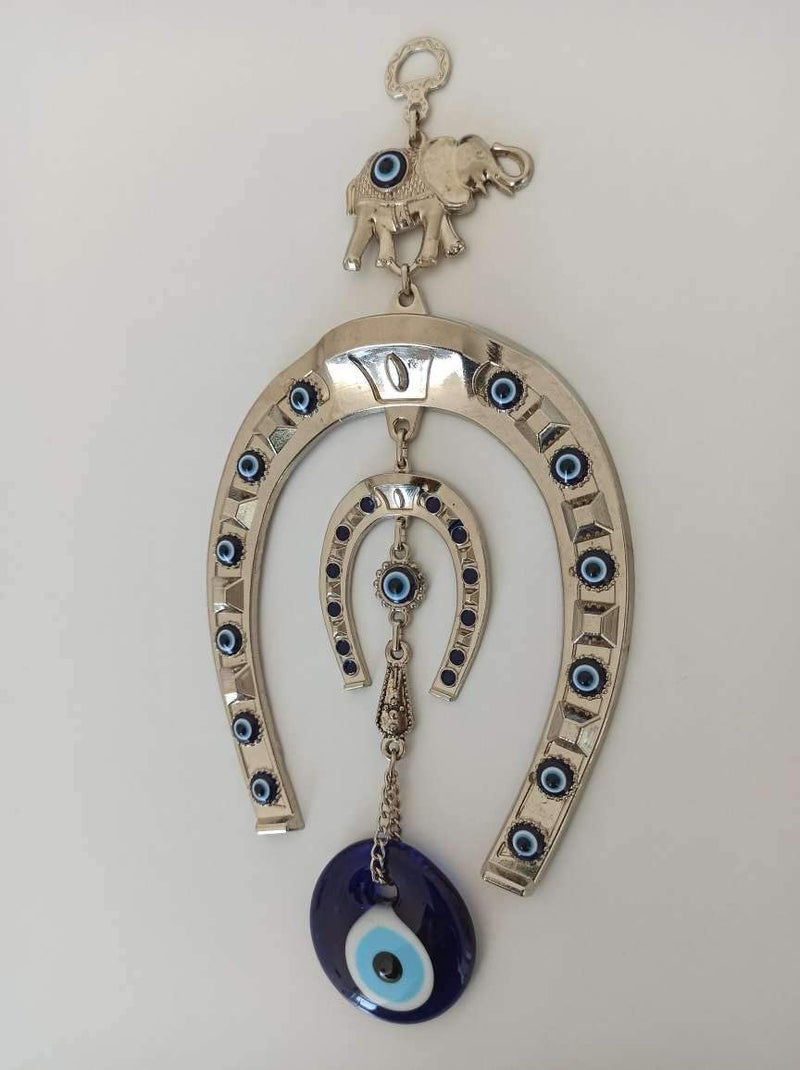 Erbulus Turkish Silver Horse Shoe Blue Evil Eye Wall Hanging Ornament with Elephant - Turkish Nazar Bead Amulet â€“ Home Protection and Good Luck Charm Gift in a Box - Image 4
